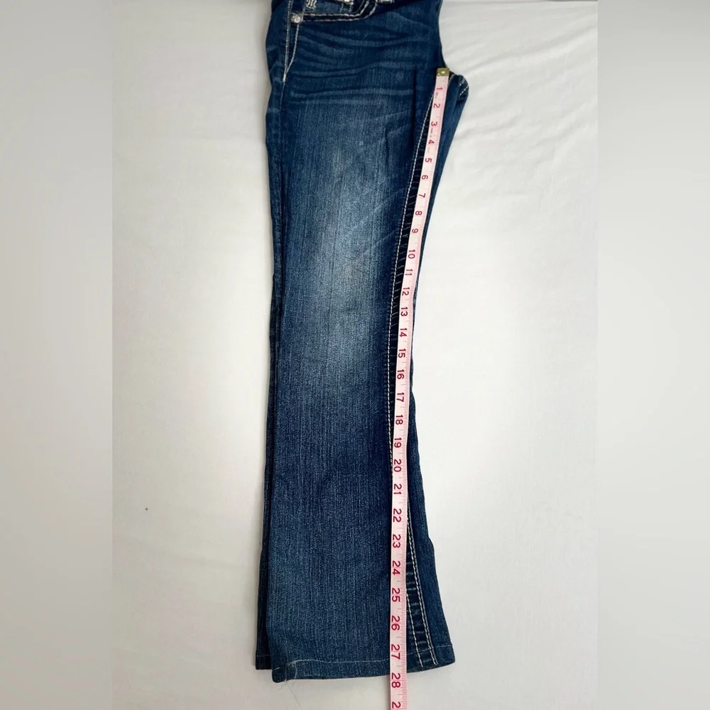 Miss Me  Low Rise Dark Wash Rhinestone Faux Flap Pocket Jean Sze 27 (30X28.5) - Picture 8 of 10